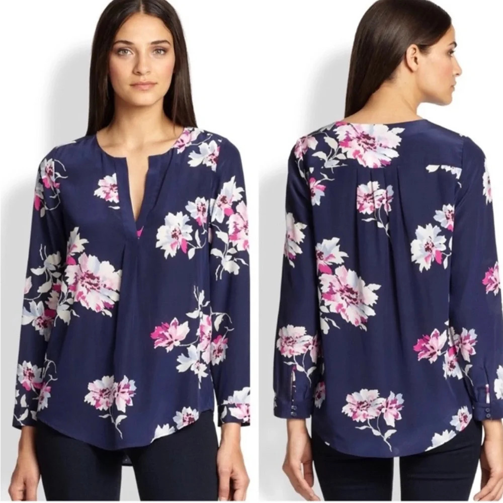 Joie Silk Floral Print Blouse Size XS Navy Blue Pink  White